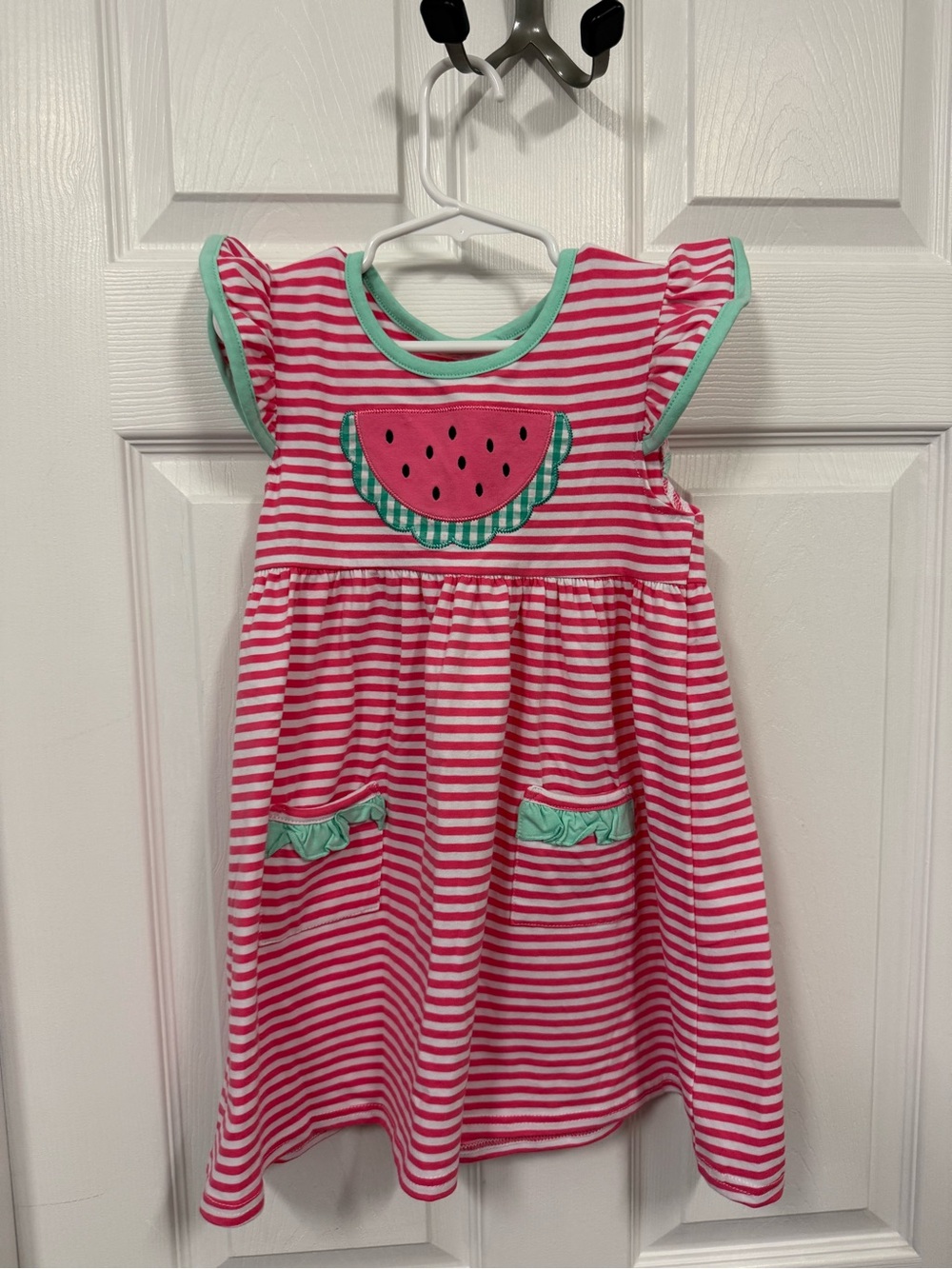 Girls Pink Stripe Watermelon Dress with Mint Trim